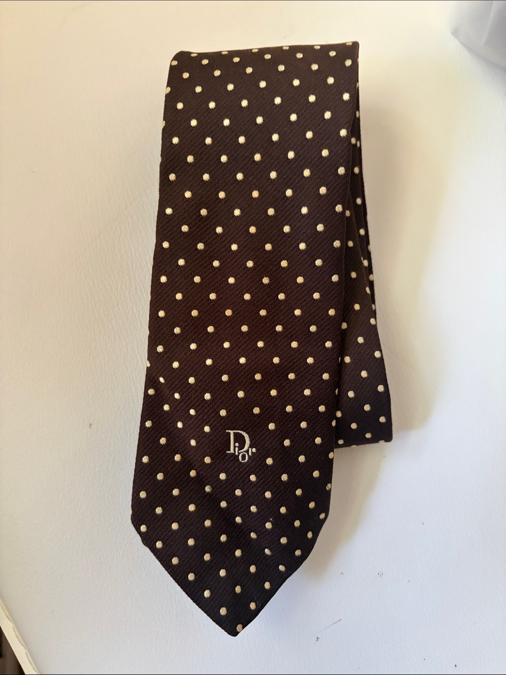 Dior Brown Silk Tie with Cream Polka Dots